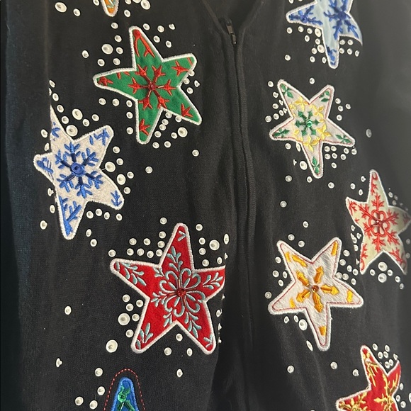 Carly St. Claire Embellished Holiday Cardigan Sweater XL Black Stars Sequins - Picture 3 of 8